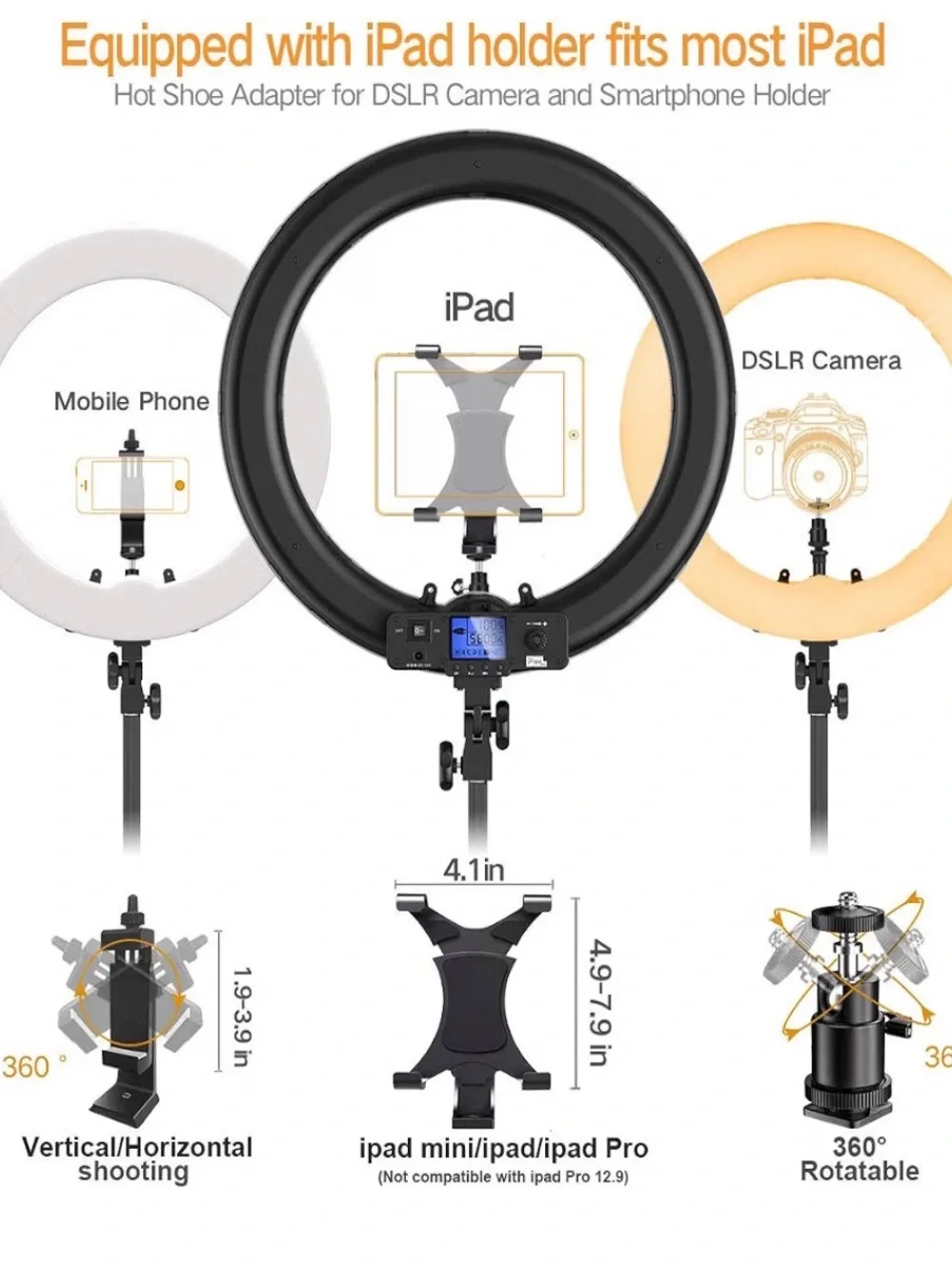 Bi-Color Black Ring Light with iPad Holder and Remote